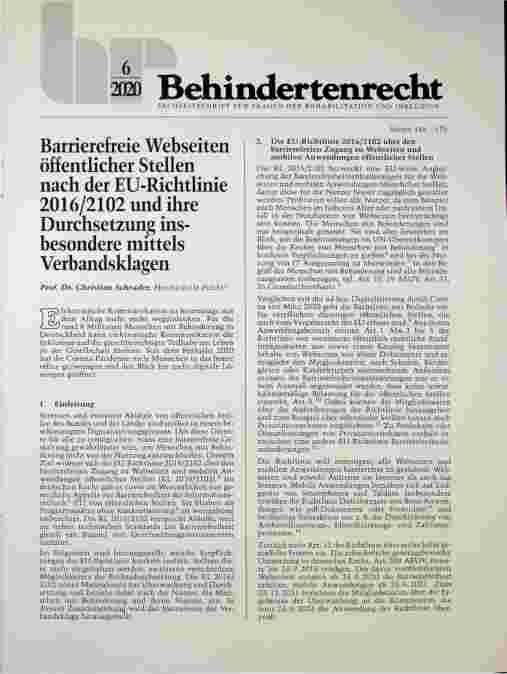 Vorschauseite 1: Barrierefreie Webseiten öffentlicher Stellen nach der EU-Richtlinie 2016/2102 und ihre Durchsetzung insbesondere mittels Verbandsklagen.