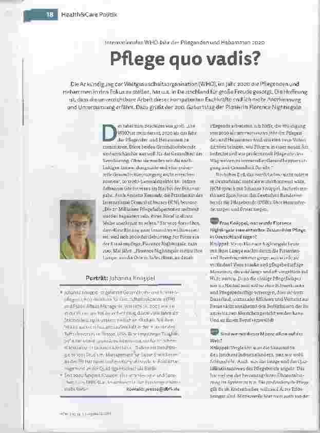 Vorschauseite 1: Internationales WHO-Jahr der Pflegenden und Hebammen 2020 - Pflege quo vadis?