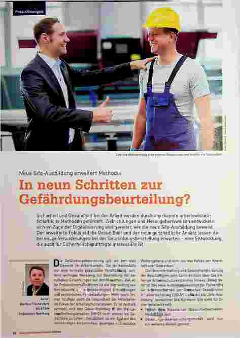 Vorschauseite 1: Neue SiFa-Ausbildung erweitert Methodik. In neun Schritten zur Gefährdungsbeurteilung.