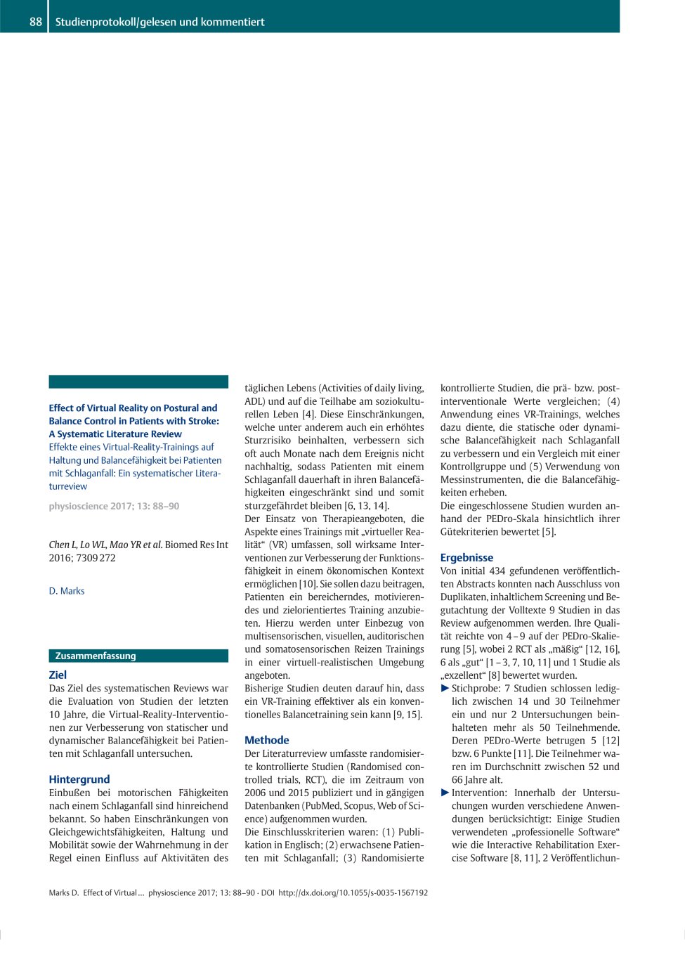 Vorschauseite 1: Effect of Virtual Reality on Postural and Balance Control in Patients with Stroke: A Systematic Literature Review