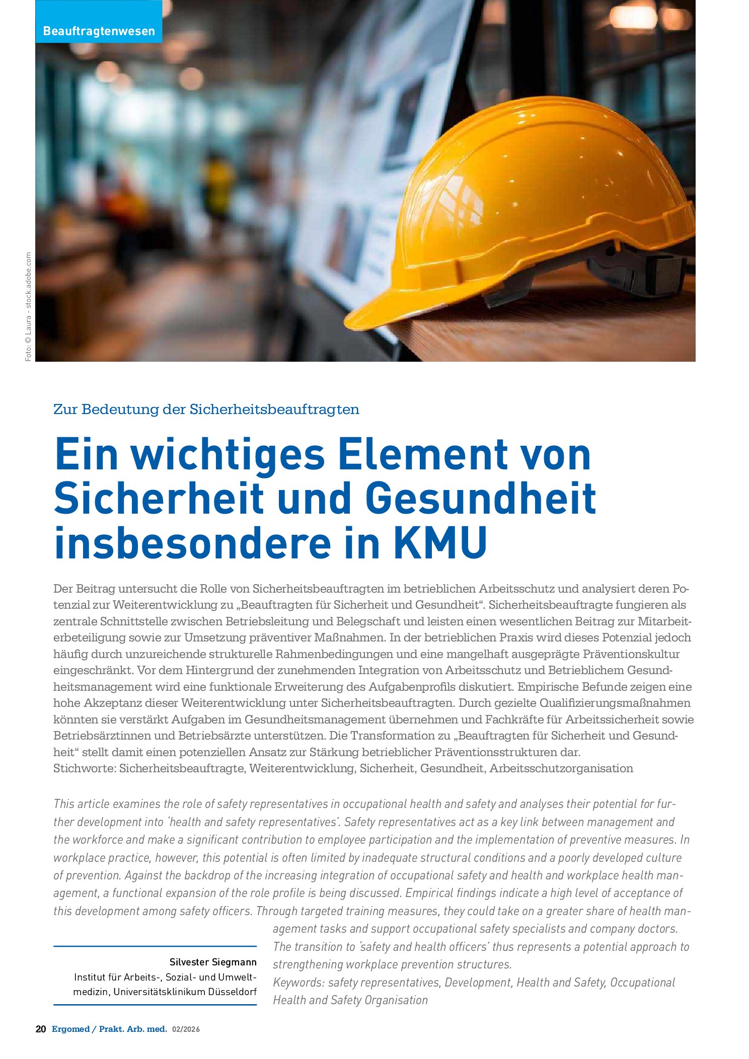 Vorschauseite 1: Zur Bedeutung der Sicherheitsbeauftragten. Ein wichtiges Element von Sicherheit und Gesundheit insbesondere in KMU