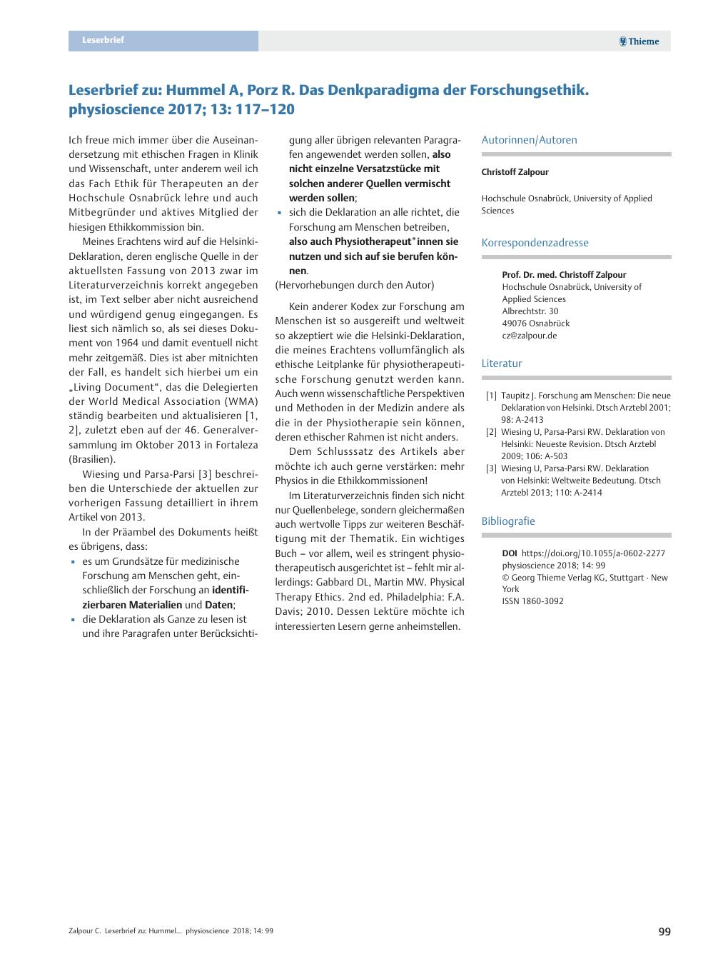 Vorschauseite 1: Leserbrief zu: Hummel A, Porz R. Das Denkparadigma der Forschungsethik. physioscience 2017; 13: 117?120