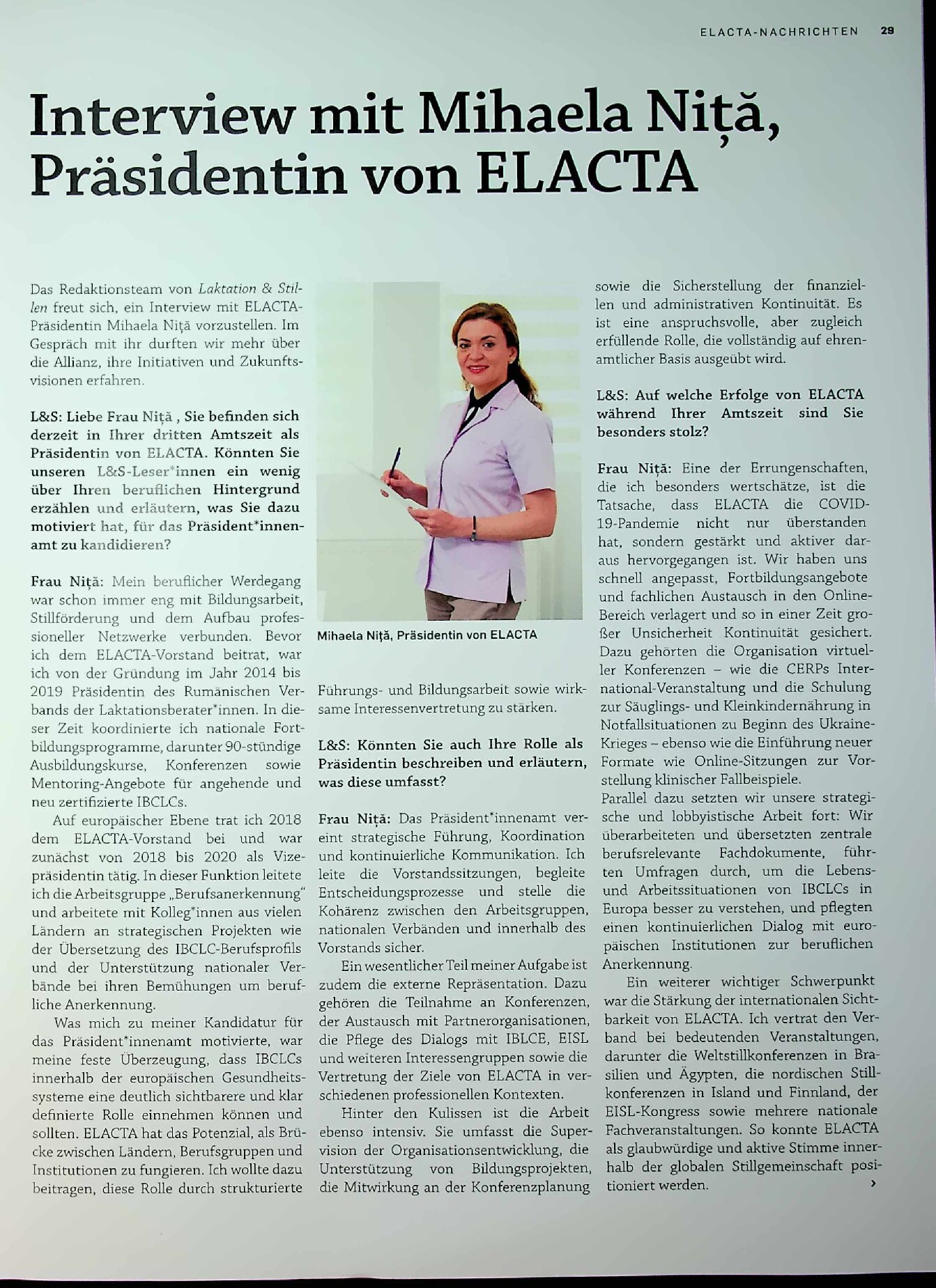 Vorschauseite 1: Interview mit Mihaela Nita, Präsidentin von ELACTA