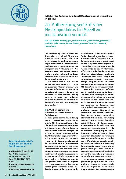 Vorschauseite 1: Zur Aufbereitung semikritischer Medizinprodukte: Ein Appell zur medizinischen Vernunft
