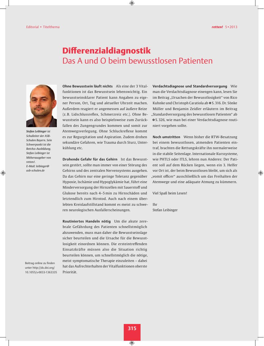 Vorschauseite 1: Differenzialdiagnostik ? Das A und O beim bewusstlosen Patienten