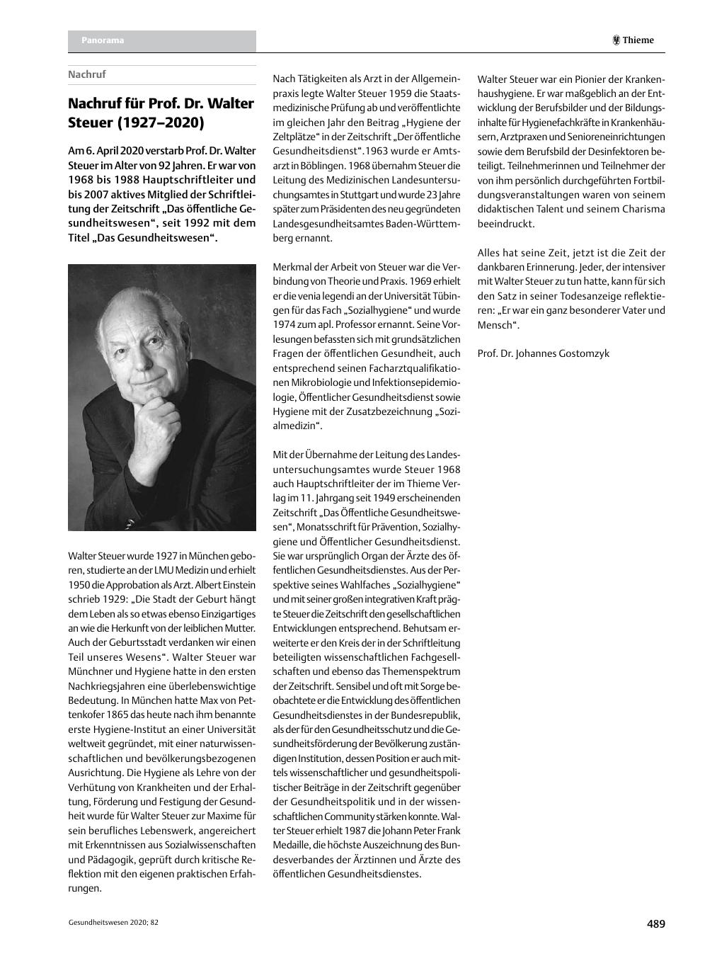 Vorschauseite 1: Nachruf für Prof. Dr. Walter Steuer (1927–2020)