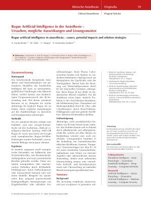 Vorschauseite 1: Rogue Artificial Intelligence in der Anästhesie – Ursachen, mögliche Auswirkungen und Lösungsansätze