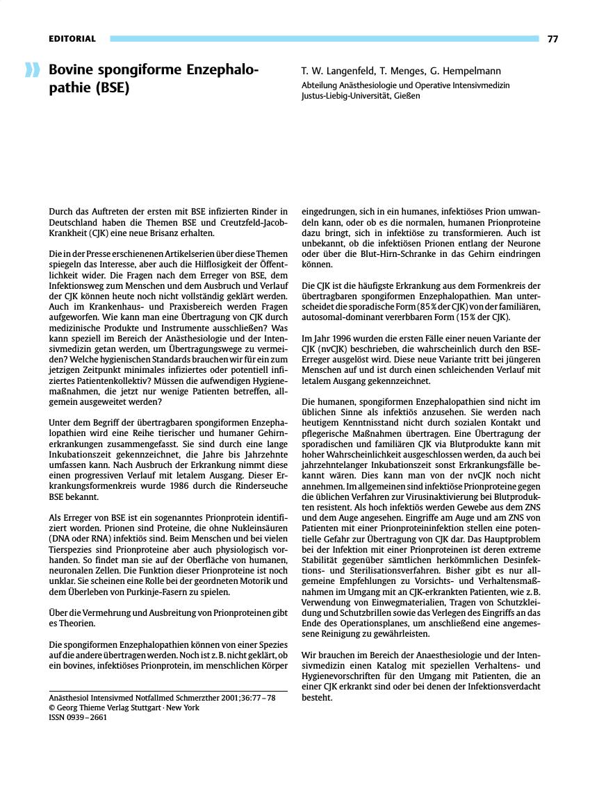 Vorschauseite 1: Bovine spongiforme Enzephalopathie (BSE)
