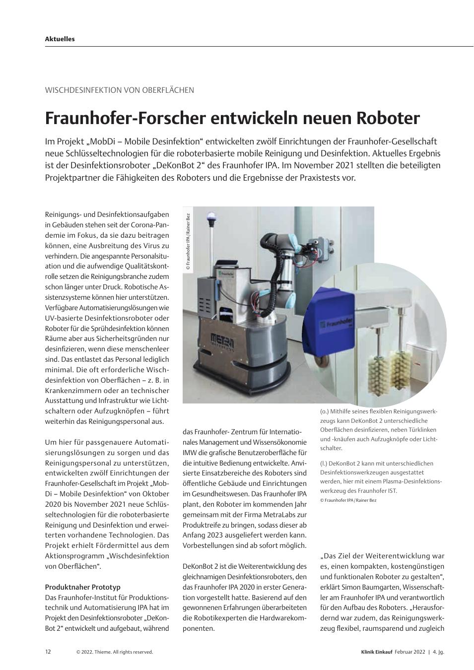 Vorschauseite 1: Desinfektion von Oberflächen: Fraunhofer-Forscher entwickeln neuen Roboter