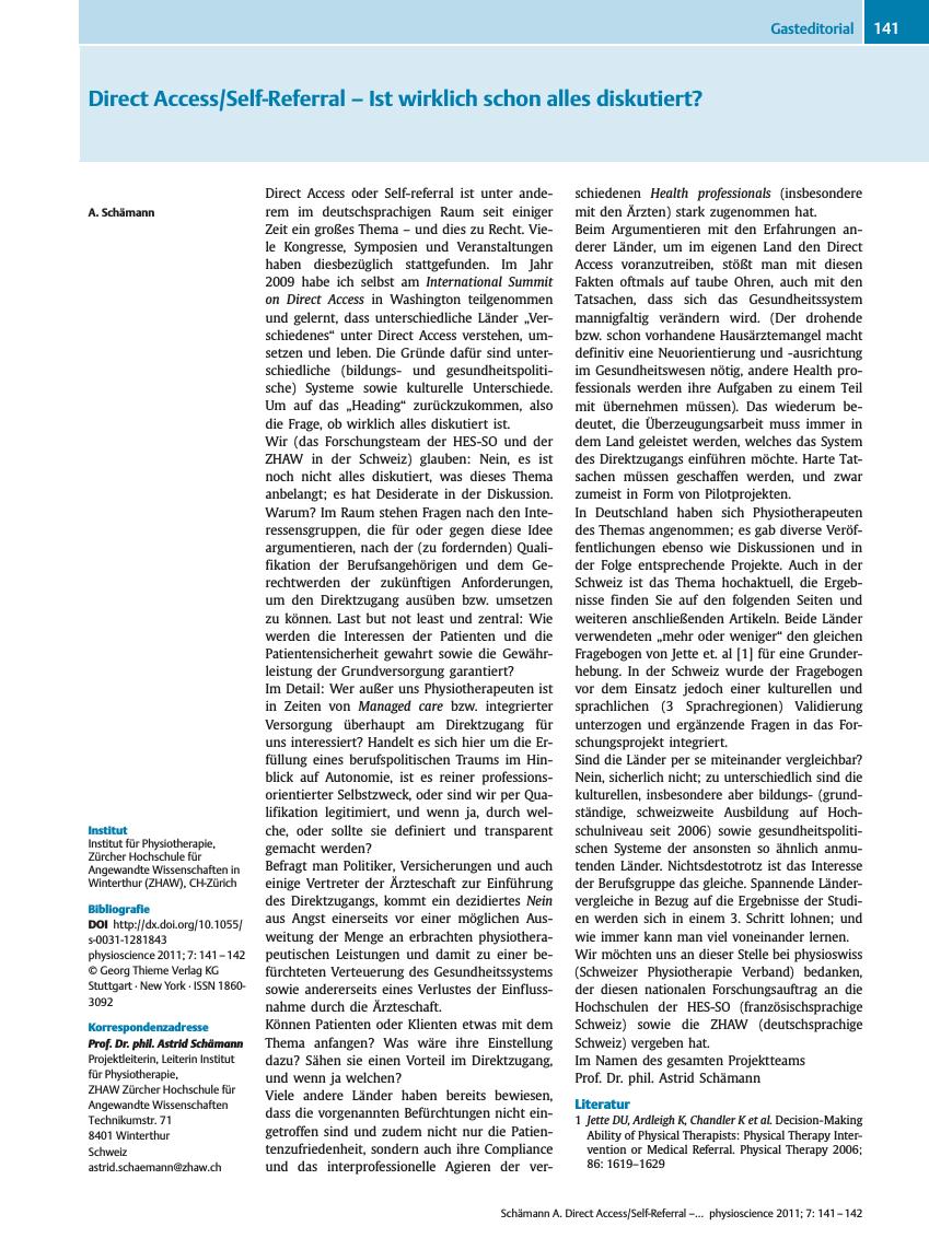 Vorschauseite 1: Direct Access/Self-Referral – Ist wirklich schon alles diskutiert?