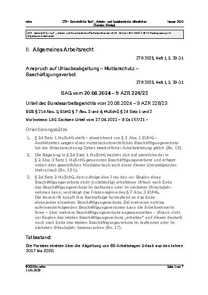 Vorschauseite 1: II. Allgemeines Arbeitsrecht Anspruch auf Urlaubsabgeltung – Mutterschutz – Beschäftigungsverbot