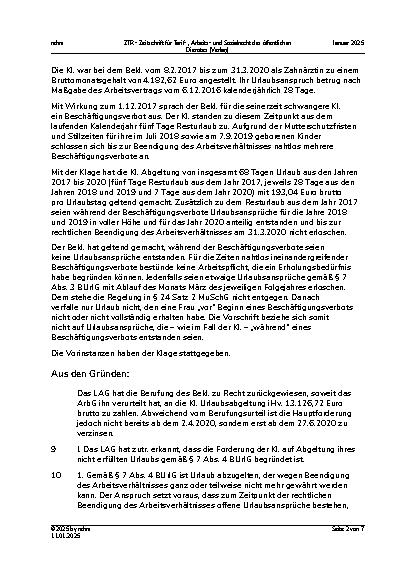 Vorschauseite 2: II. Allgemeines Arbeitsrecht Anspruch auf Urlaubsabgeltung – Mutterschutz – Beschäftigungsverbot