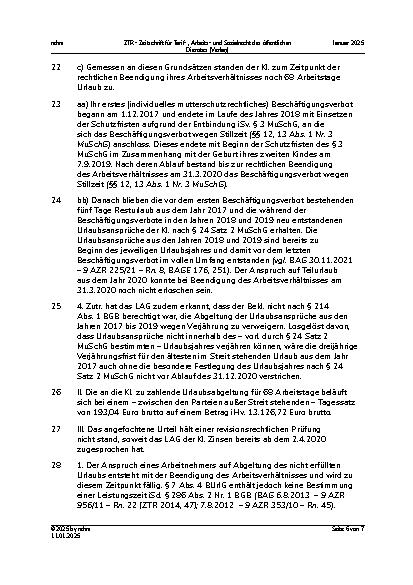 Vorschauseite 6: II. Allgemeines Arbeitsrecht Anspruch auf Urlaubsabgeltung – Mutterschutz – Beschäftigungsverbot