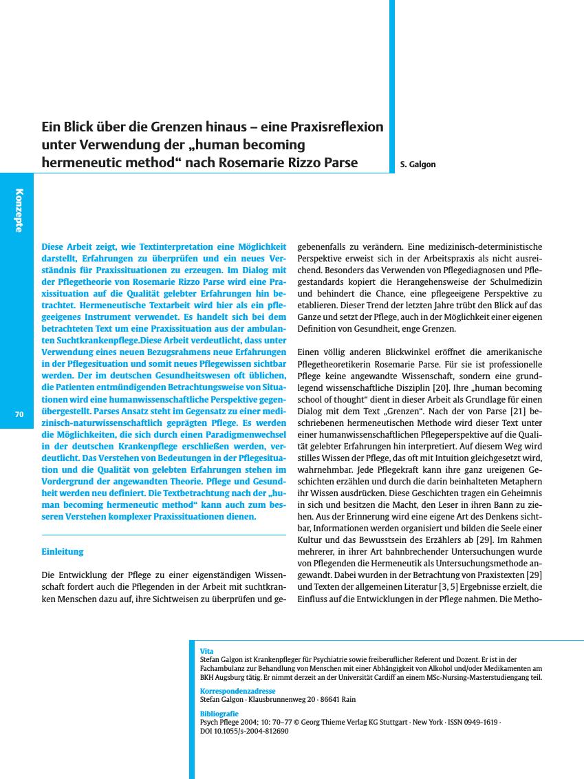Vorschauseite 1: Ein Blick über die Grenzen hinaus - eine Praxisreflexion unter Verwendung der „human becoming hermeneutic method” nach Rosemarie Rizzo Parse