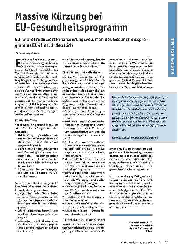 Vorschauseite 1: Massive Kürzung bei EU-Gesundheitsprogramm: EU-Gipfel reduziert Finanzierungsvolumen des Gesundheitsprogramms EU4Health deutlich.