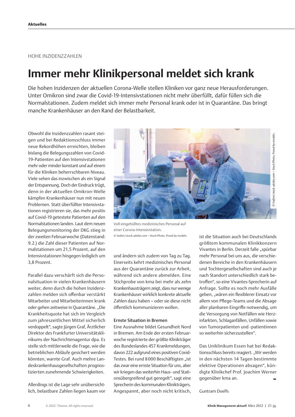 Vorschauseite 1: Hohe Inzidenzzahlen: Immer mehr Klinikpersonal meldet sich krank