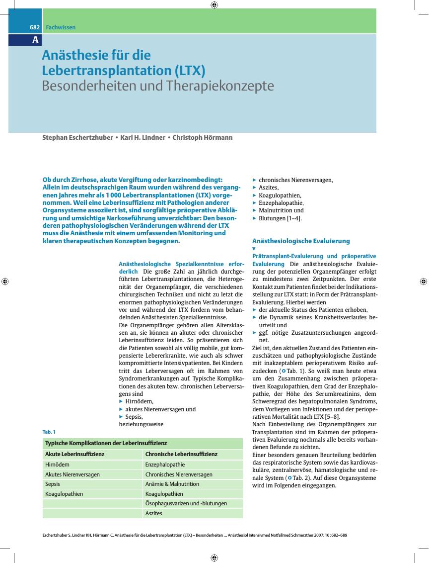 Vorschauseite 1: Anästhesie für die Lebertransplantation (LTX) - Besonderheiten und Therapiekonzepte