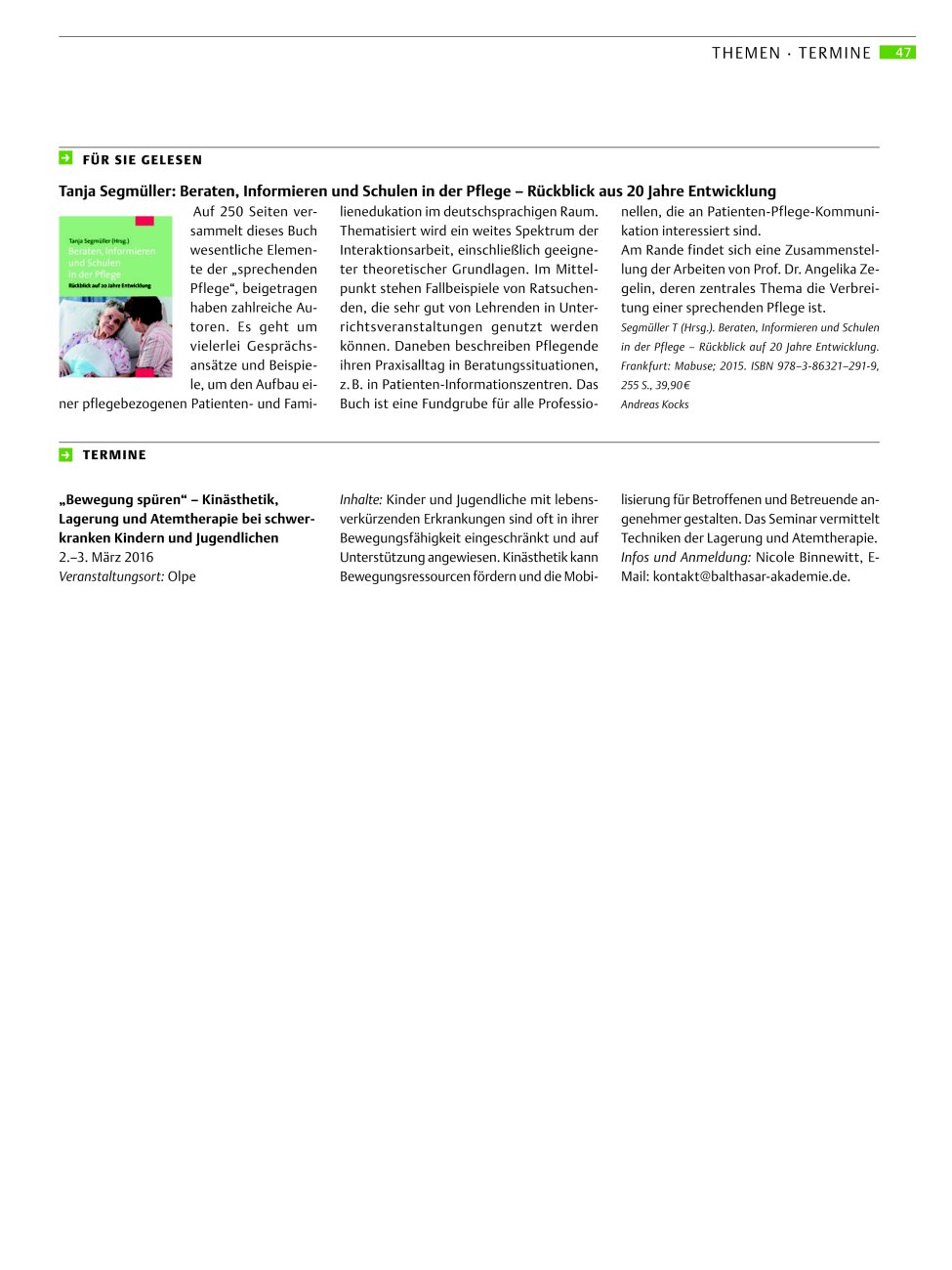 Vorschauseite 1: Für Sie gelesen: Tanja Segmüller: Beraten, Informieren und Schulen in der Pflege – Rückblick aus 20 Jahre Entwicklung