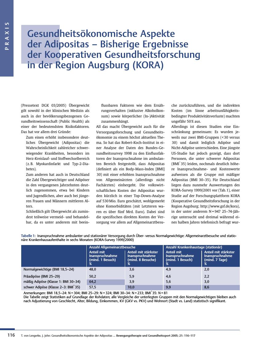 Vorschauseite 1: Gesundheitsökonomische Aspekte der Adipositas - Bisherige Ergebnisse der Kooperativen Gesundheitsforschung in der Region Augsburg (KORA)