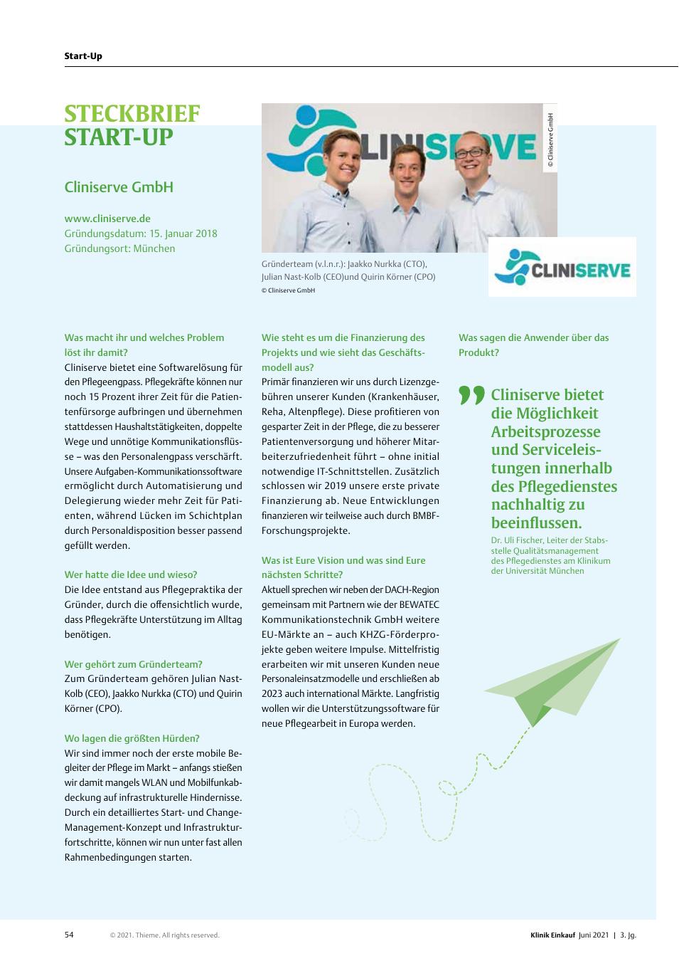 Vorschauseite 1: Steckbrief Start-up: Cliniserve GmbH