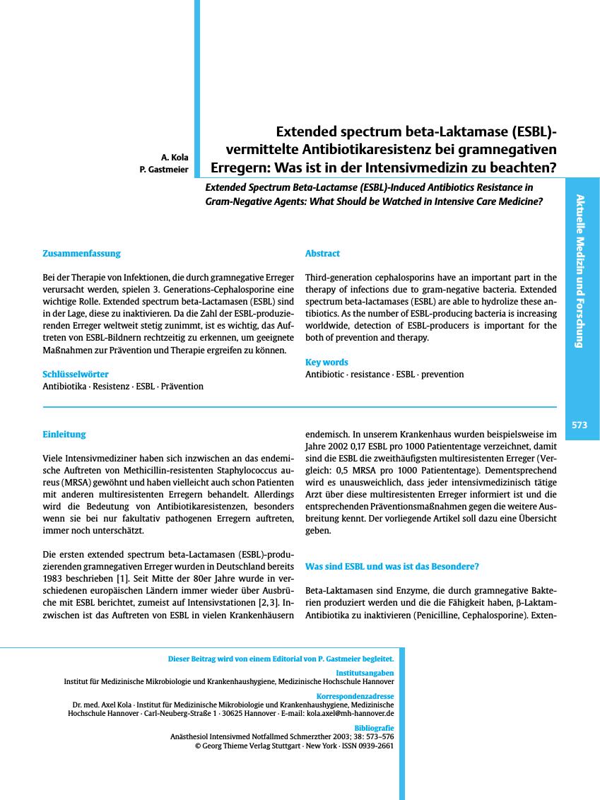 Vorschauseite 1: Extended spectrum beta-Laktamase (ESBL)-vermittelte Antibiotikaresistenz bei gramnegativen Erregern: Was ist in der Intensivmedizin zu beachten?
