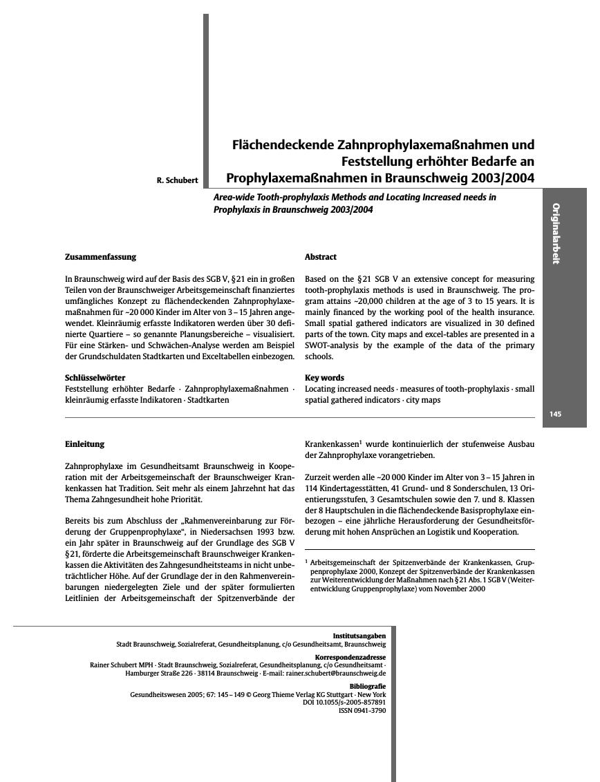 Vorschauseite 1: Flächendeckende Zahnprophylaxemaßnahmen und Feststellung erhöhter Bedarfe an Prophylaxemaßnahmen in Braunschweig 2003/2004