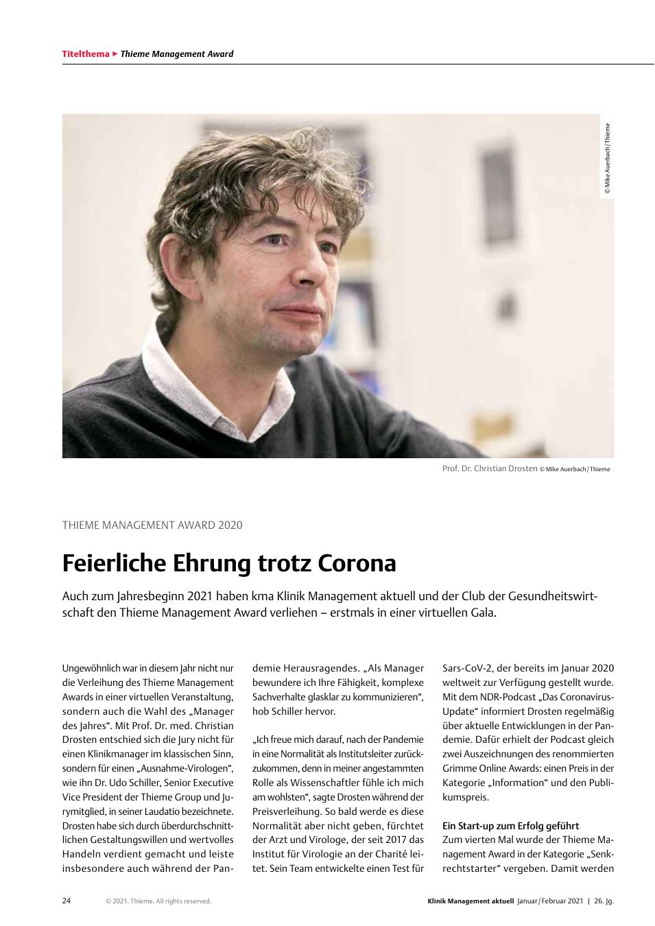 Vorschauseite 1: Thieme Management Award 2020: Feierliche Ehrung trotz Corona