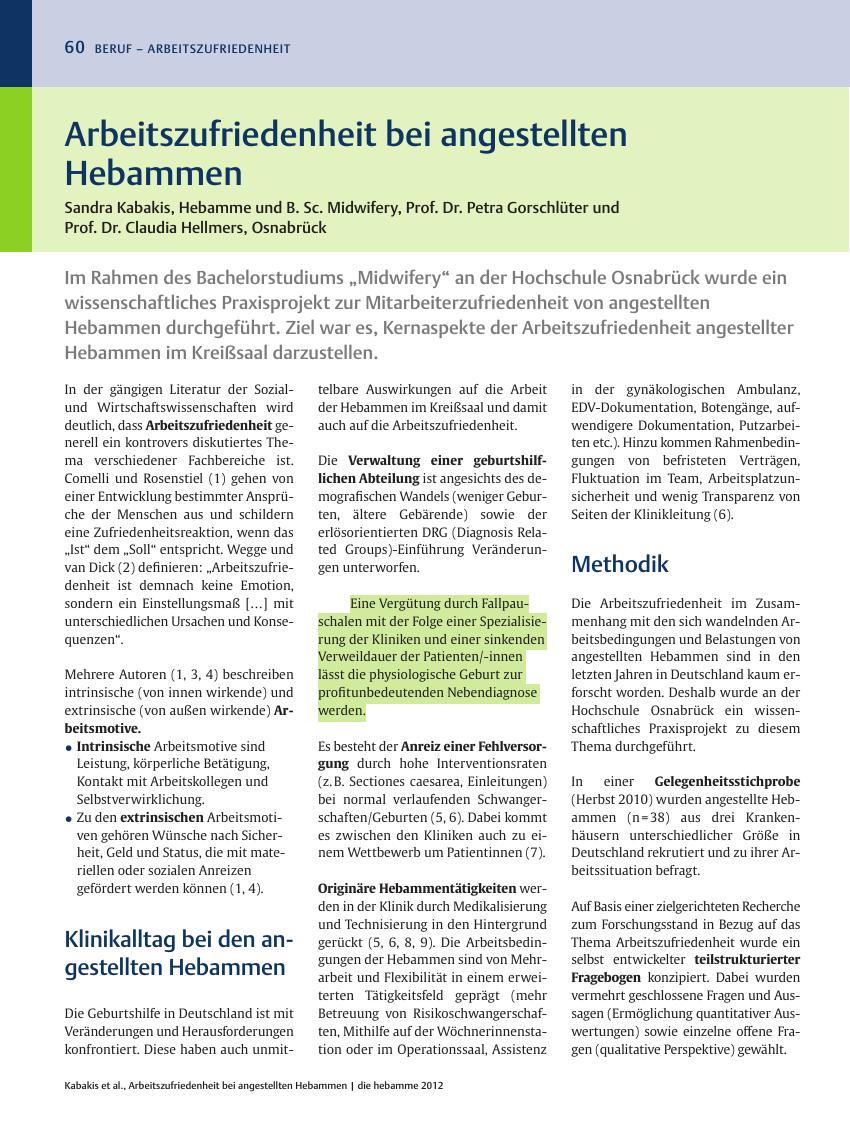 Vorschauseite 1: Arbeitszufriedenheit bei angestellten Hebammen