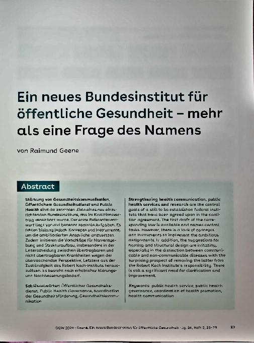 Vorschauseite 1: Ein neues Bundesinstitut für öffentliche Gesundheit - mehr als eine Frage des Namens
