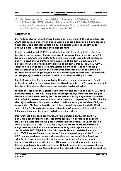 Vorschauseite 2: II. Allgemeines Arbeitsrecht Erfüllung von Urlaub – Quarantäne
