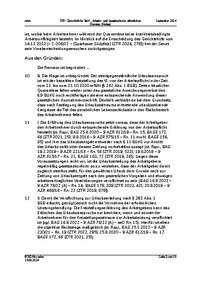 Vorschauseite 3: II. Allgemeines Arbeitsrecht Erfüllung von Urlaub – Quarantäne