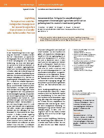 Vorschauseite 1: Empfehlung Perioperatives anästhesiologisches Management bei neurochirurgischen Operationen in sitzender oder halbsitzender Position