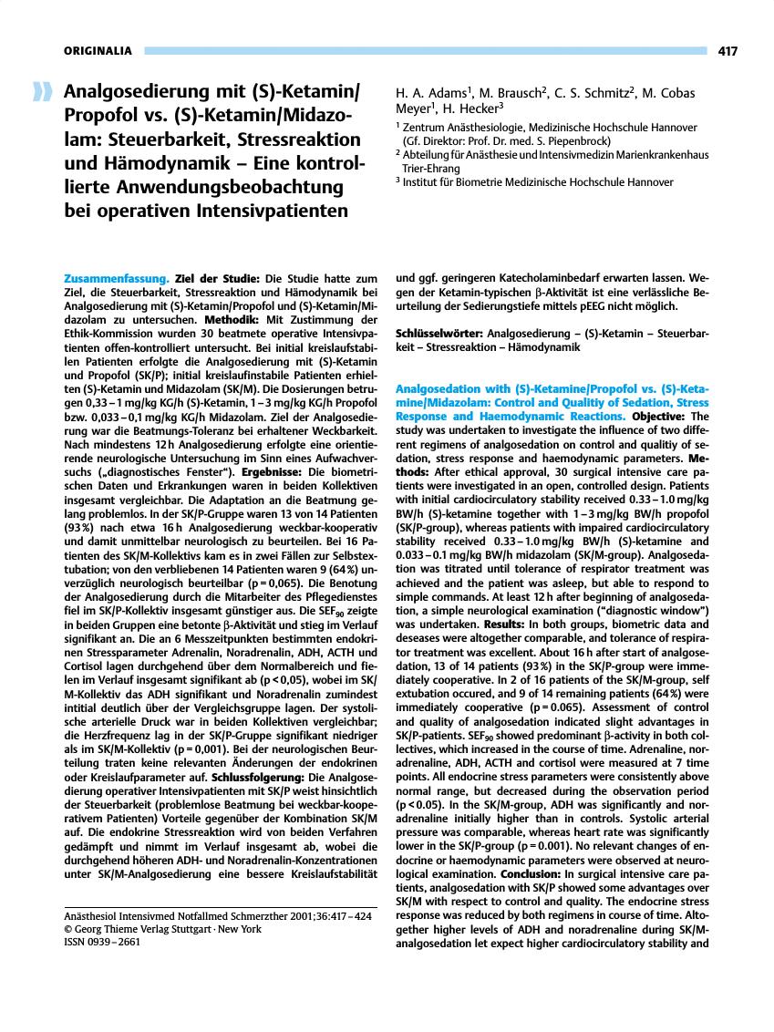 Vorschauseite 1: Analgosedierung mit (S)-Ketamin/Propofol vs. (S)-Ketamin/Midazolam: Steuerbarkeit, Stressreaktion und Hämodynamik - Eine kontrollierte Anwendungsbeobachtung bei operativen Intensi…