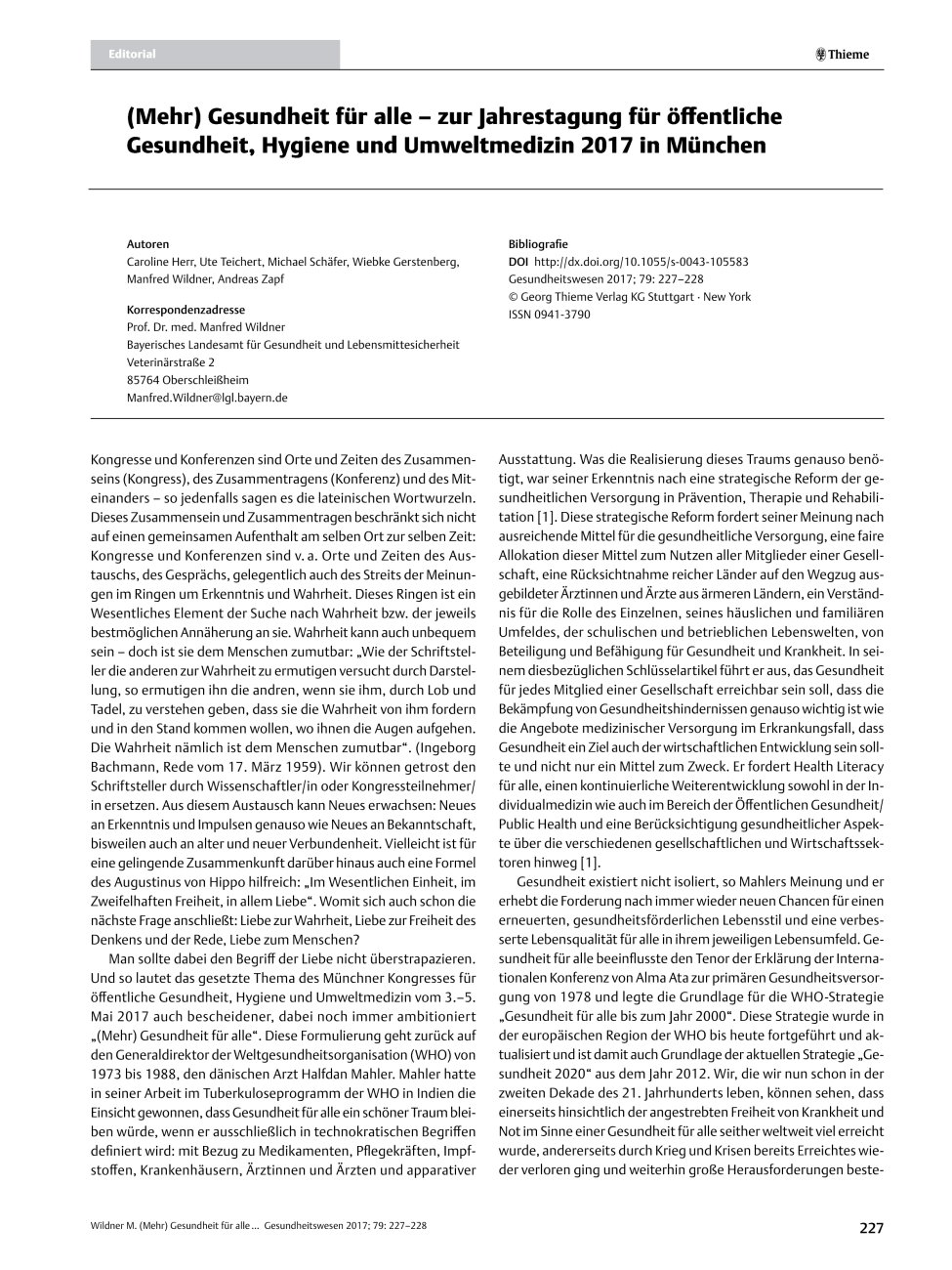 Vorschauseite 1: (Mehr) Gesundheit für alle ? zur Jahrestagung für öffentliche Gesundheit, Hygiene und Umweltmedizin 2017 in München