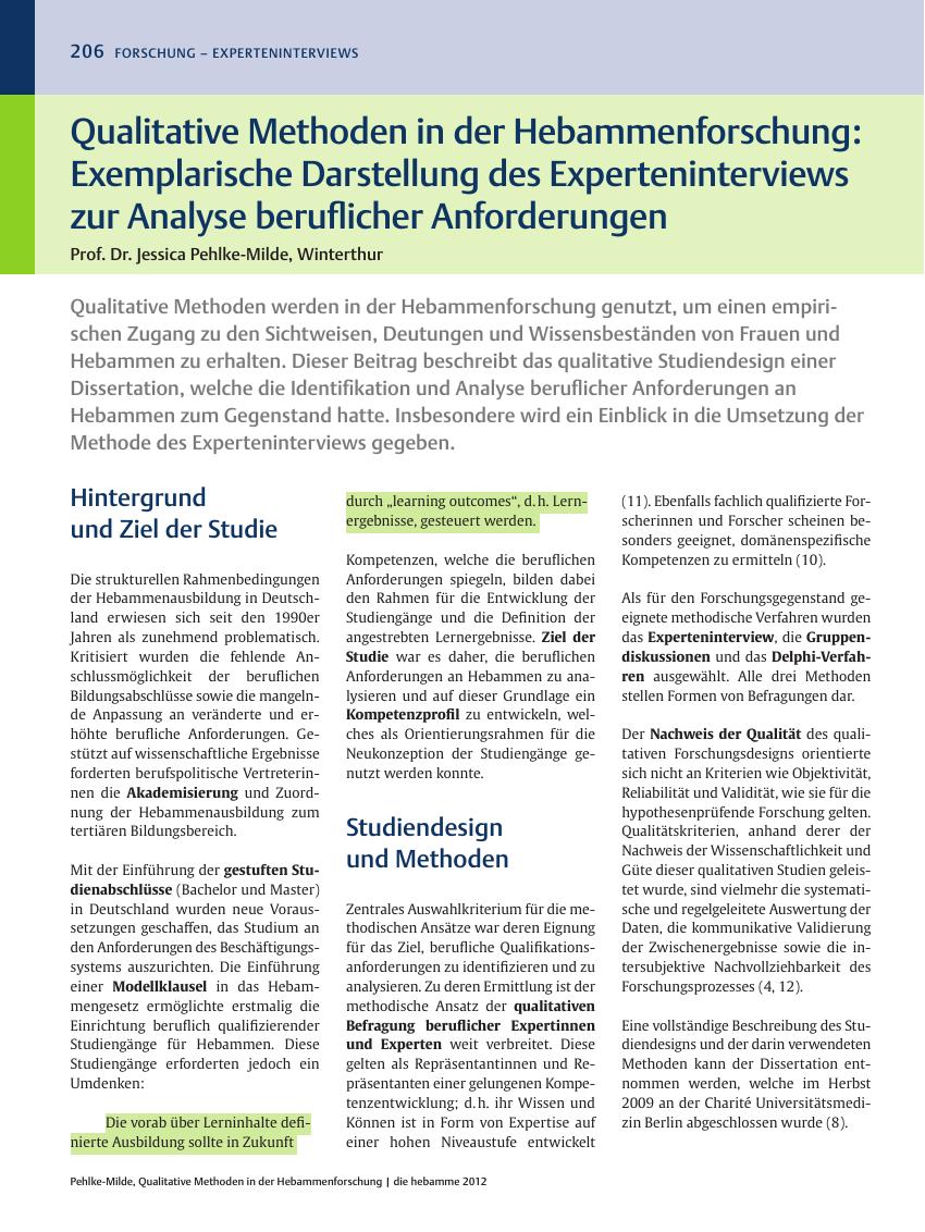 Vorschauseite 1: Qualitative Methoden in der Hebammenforschung: Exemplarische Darstellung des Experteninterviews zur Analyse beruflicher Anforderungen