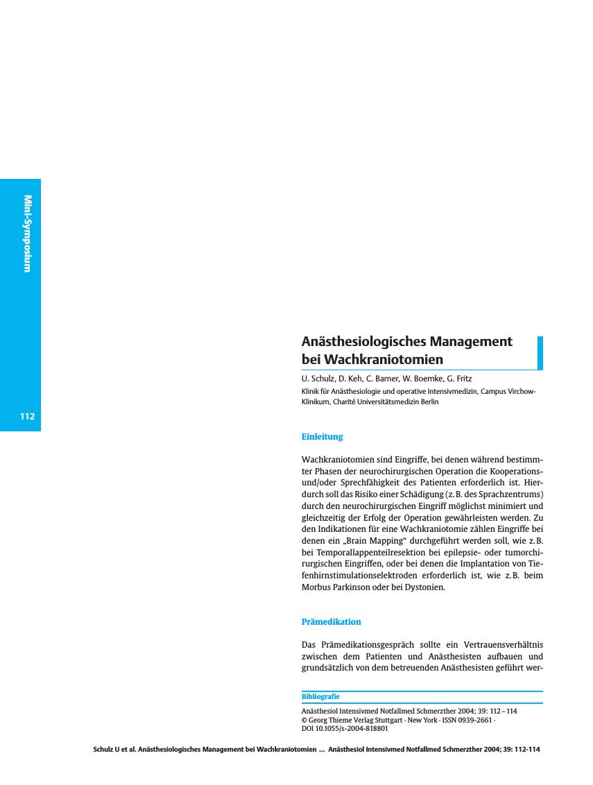 Vorschauseite 1: Anästhesiologisches Management bei Wachkraniotomien