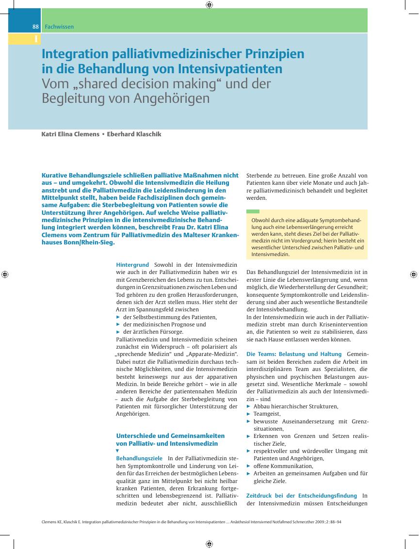 Vorschauseite 1: Integration palliativmedizinischer Prinzipien in die Behandlung von Intensivpatienten – Vom „shared decision making” und der Begleitung von Angehörigen