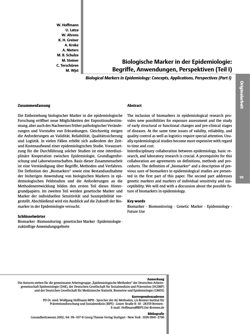 Vorschauseite 1: Biologische Marker in der Epidemiologie: Begriffe, Anwendungen, Perspektiven (Teil I)
