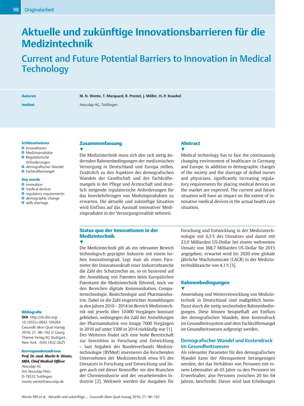 Vorschauseite 1: Aktuelle und zukünftige Innovationsbarrieren für die Medizintechnik