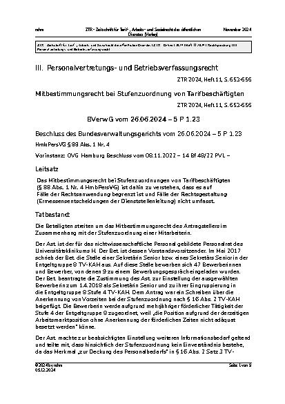 Vorschauseite 1: III. Personalvertretungsund Betriebsverfassungsrecht Mitbestimmungsrecht bei Stufenzuordnung von Tarifbeschäftigten