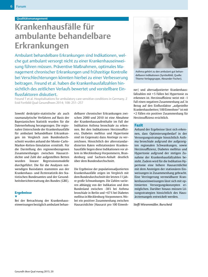 Vorschauseite 1: Qualitätsmanagement – Krankenhausfälle für ambulante behandelbare Erkrankungen
