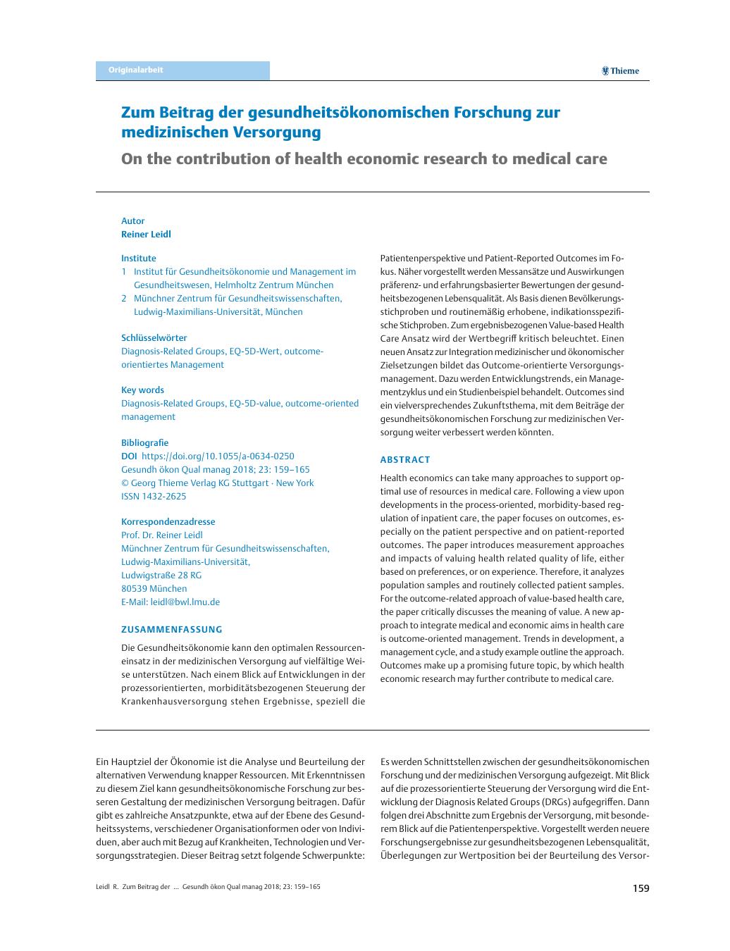 Vorschauseite 1: Zum Beitrag der gesundheitsökonomischen Forschung zur medizinischen Versorgung
