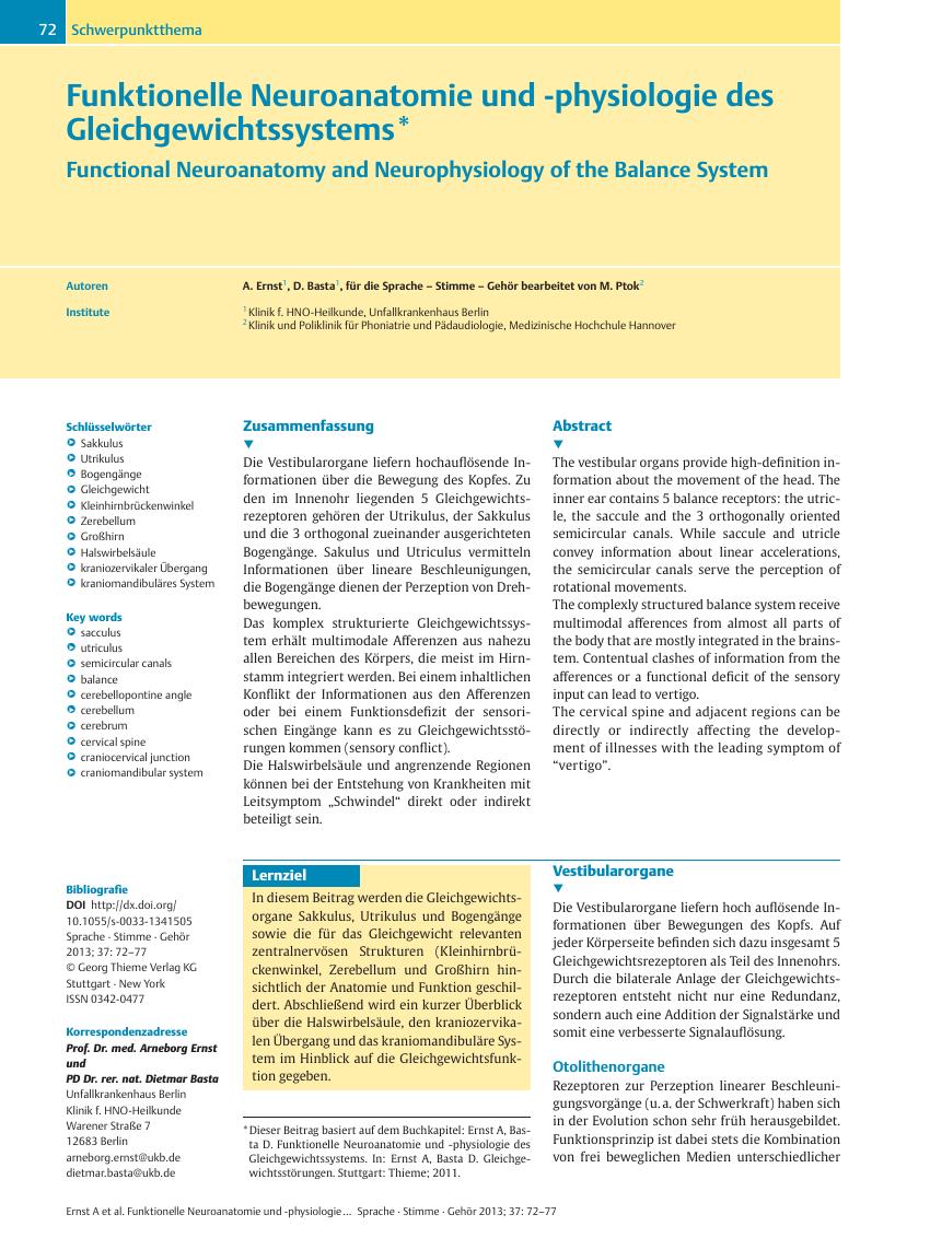Vorschauseite 1: Funktionelle Neuroanatomie und -physiologie des Gleichgewichtssystems