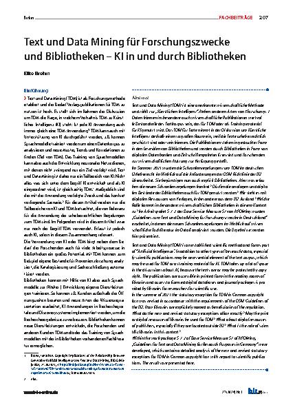 Vorschauseite 1: Textund Data-Mining für Forschungszwecke und Bibliotheken – KI in und durch Bibliotheken