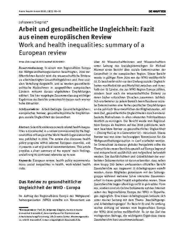 Vorschauseite 1: Arbeit und gesundheitliche Ungleichheit: Fazit aus einem europäischen Review