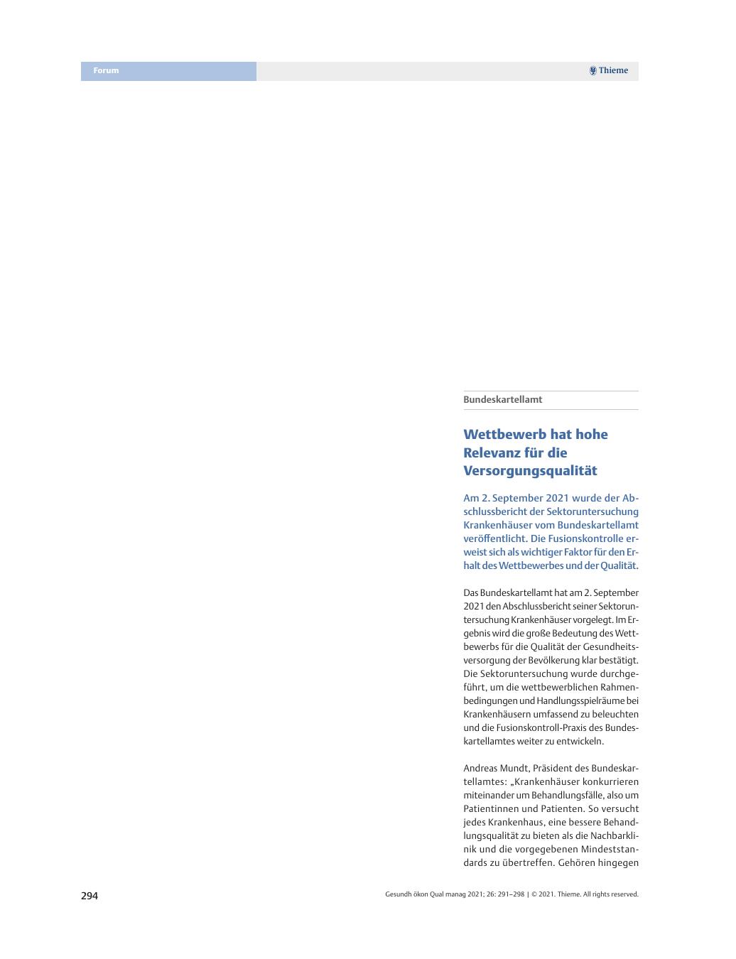 Vorschauseite 1: Bundeskartellamt – Wettbewerb hat hohe Relevanz für die Versorgungsqualität