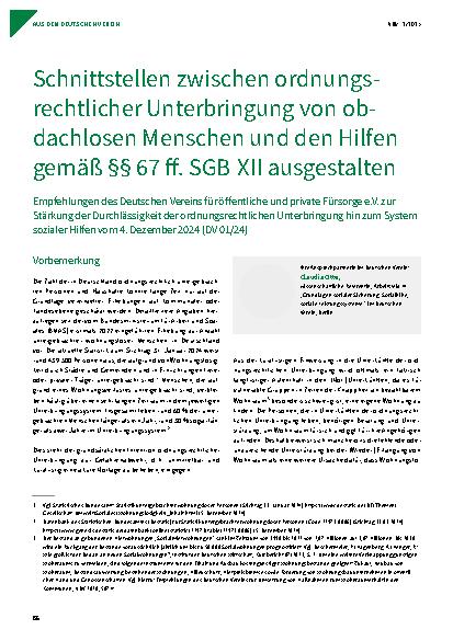 Vorschauseite 1: Schnittstellen zwischenordnungsrechtlicher Unterbringung von obdachlosen Menschen und den Hilfen gemäß §§ 67 ff. SGB XII ausgestalten