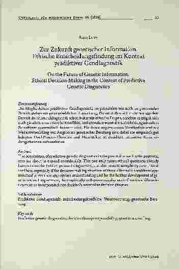 Vorschauseite 1: Zur Zukunft genetischer Information. Ethische Entscheidungsfindung im Kontext prädiktiver Gendiagnostik. On the Future of Genetic Information. Ethical Decision-Making in the Conte…