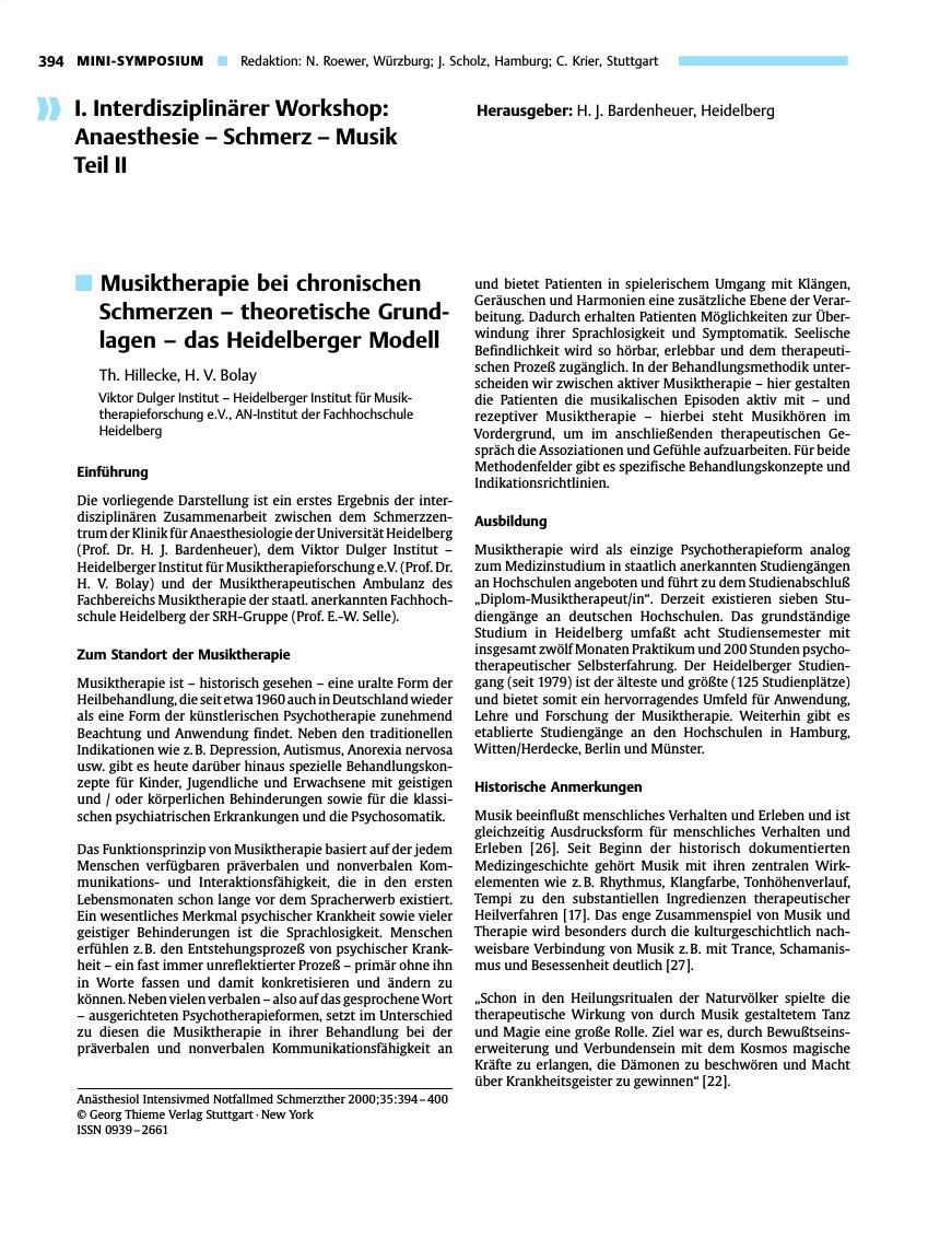 Vorschauseite 1: I. Interdisziplinärer Workshop:Anaesthesie - Schmerz - MusikTeil II