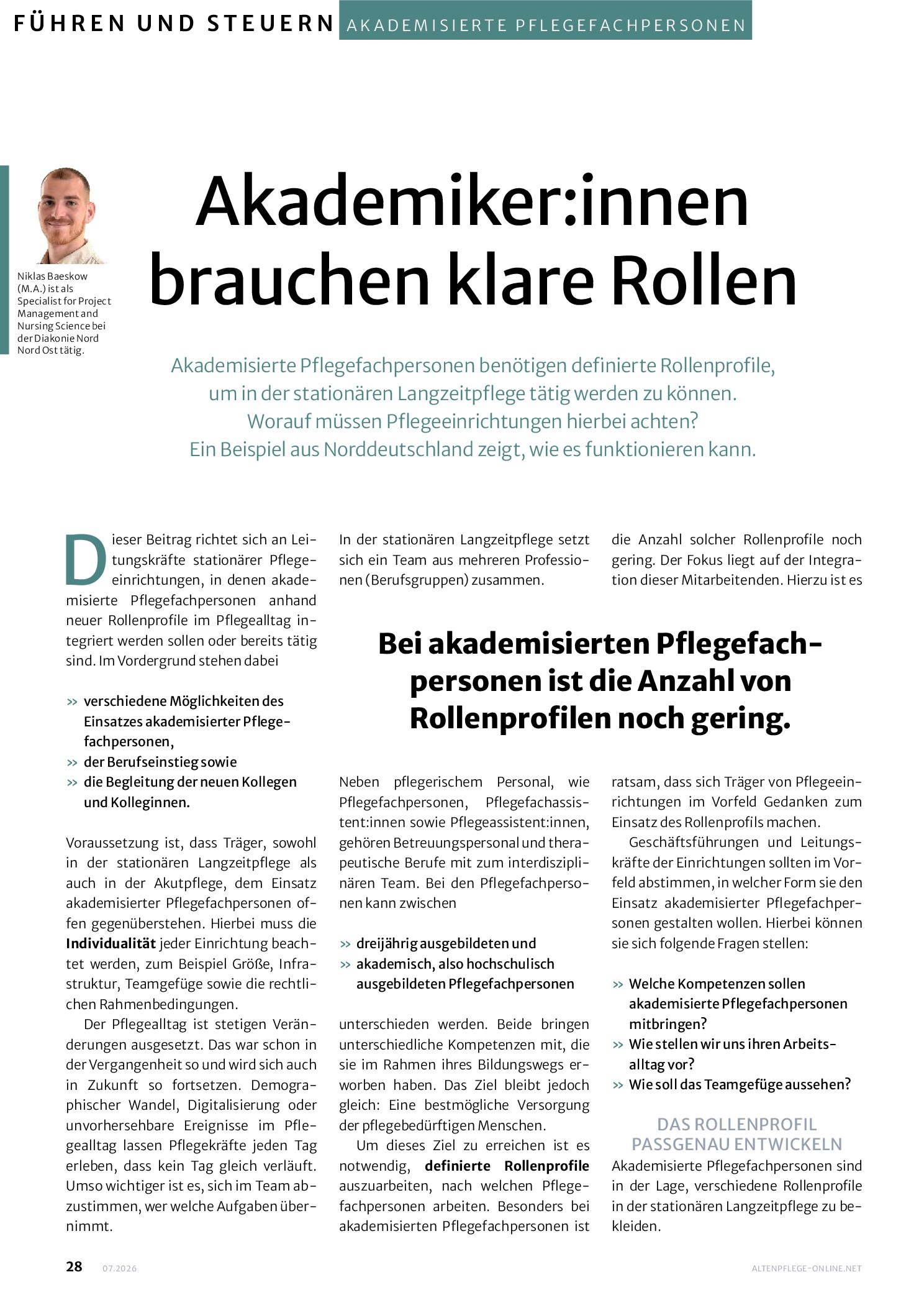Vorschauseite 1: Akademisierte Pflegefachpersonen brauchen klare Rollen